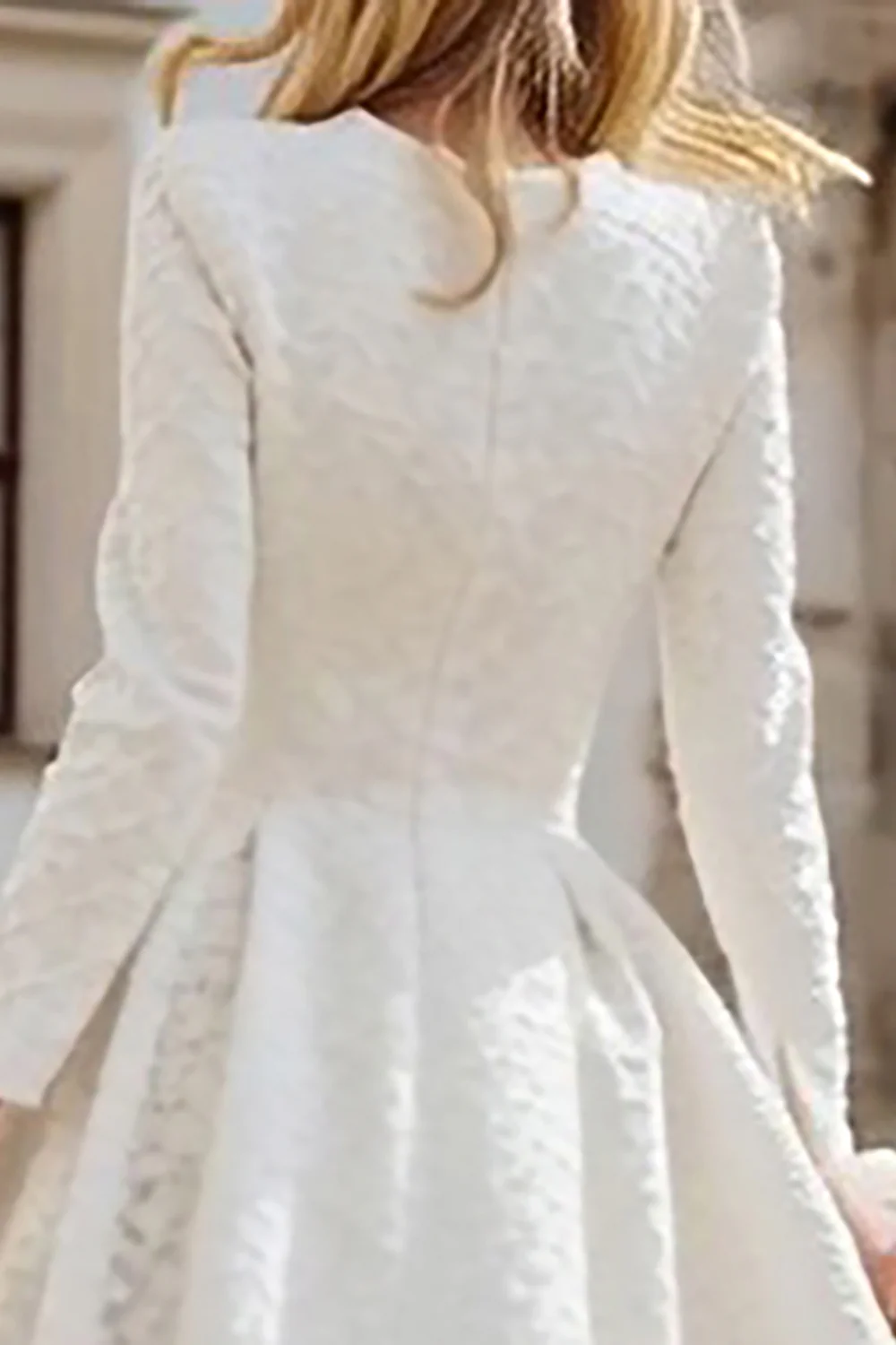 Ivory A Line Round Neck High-Low Engagement Dress with Sleeves - VNBITS