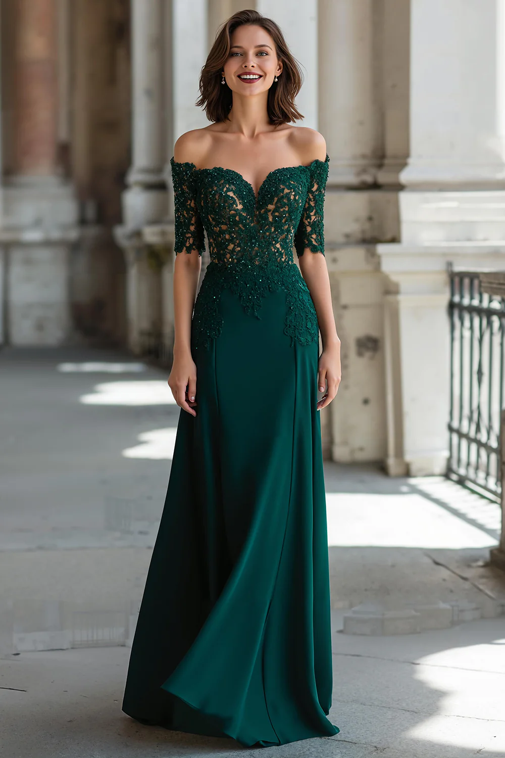 Dark Green Off the Shoulder Chiffon Sheath Long Mother of the Bride Dress with Lace - VNBITS