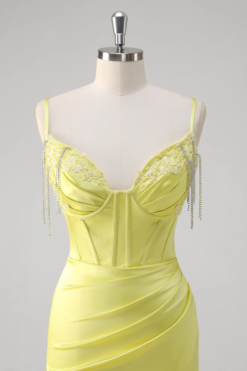 Yellow Mermaid Beaded Applique Spaghetti Straps Long Prom Dress with Slit - VNBITS