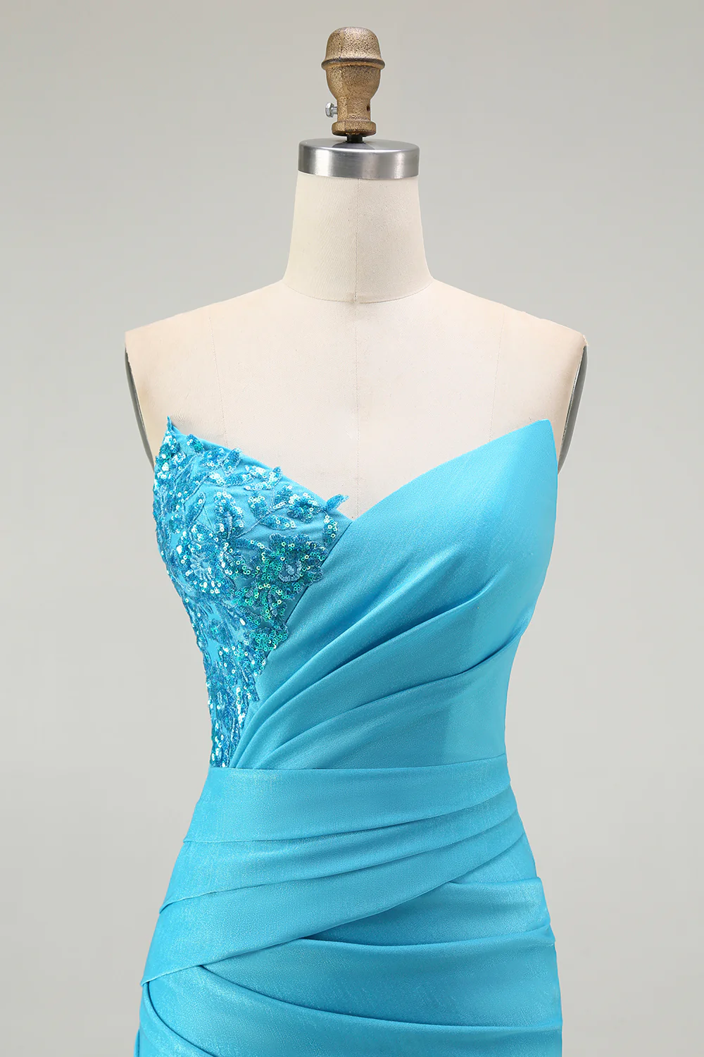 Sparkly Blue Satin Mermaid Ruched Long Prom Dress with Slit - VNBITS