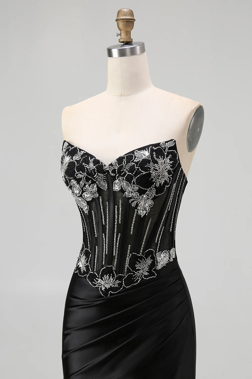 Sparkly Black Corset Mermaid Beaded Long Prom Dress with Slit - VNBITS