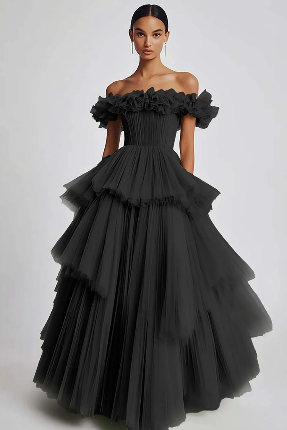 Dusty Sage Tulle Off the Shoulder Long Formal Dress with Ruffles - VNBITS