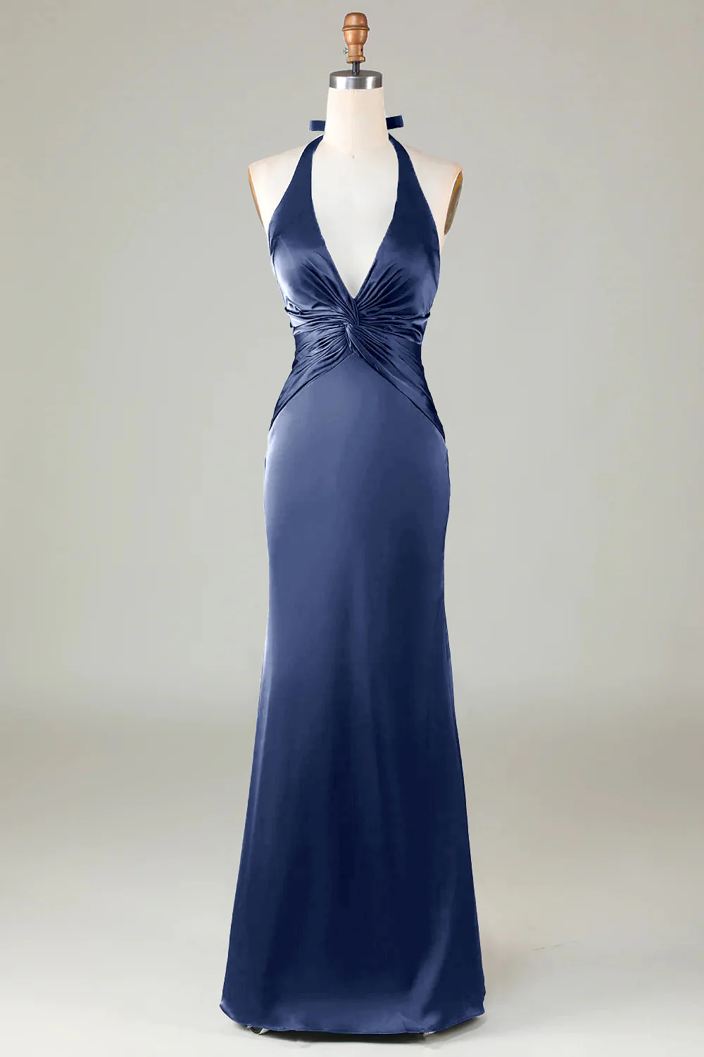 Mermaid Halter Dusty Blue Long Satin Bridesmaid Dress - VNBITS