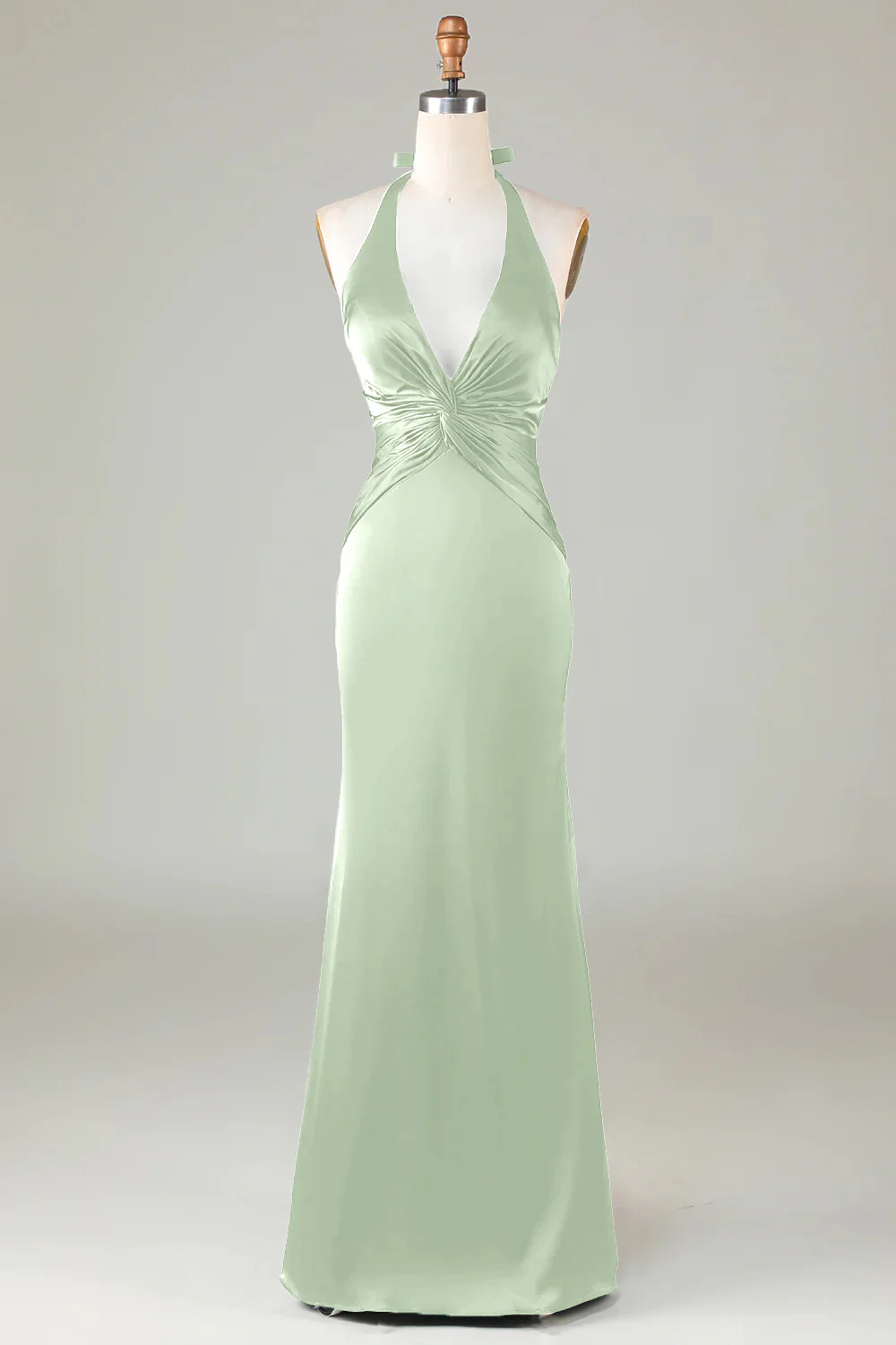 Mermaid Halter Dark Green Long Satin Bridesmaid Dress - VNBITS