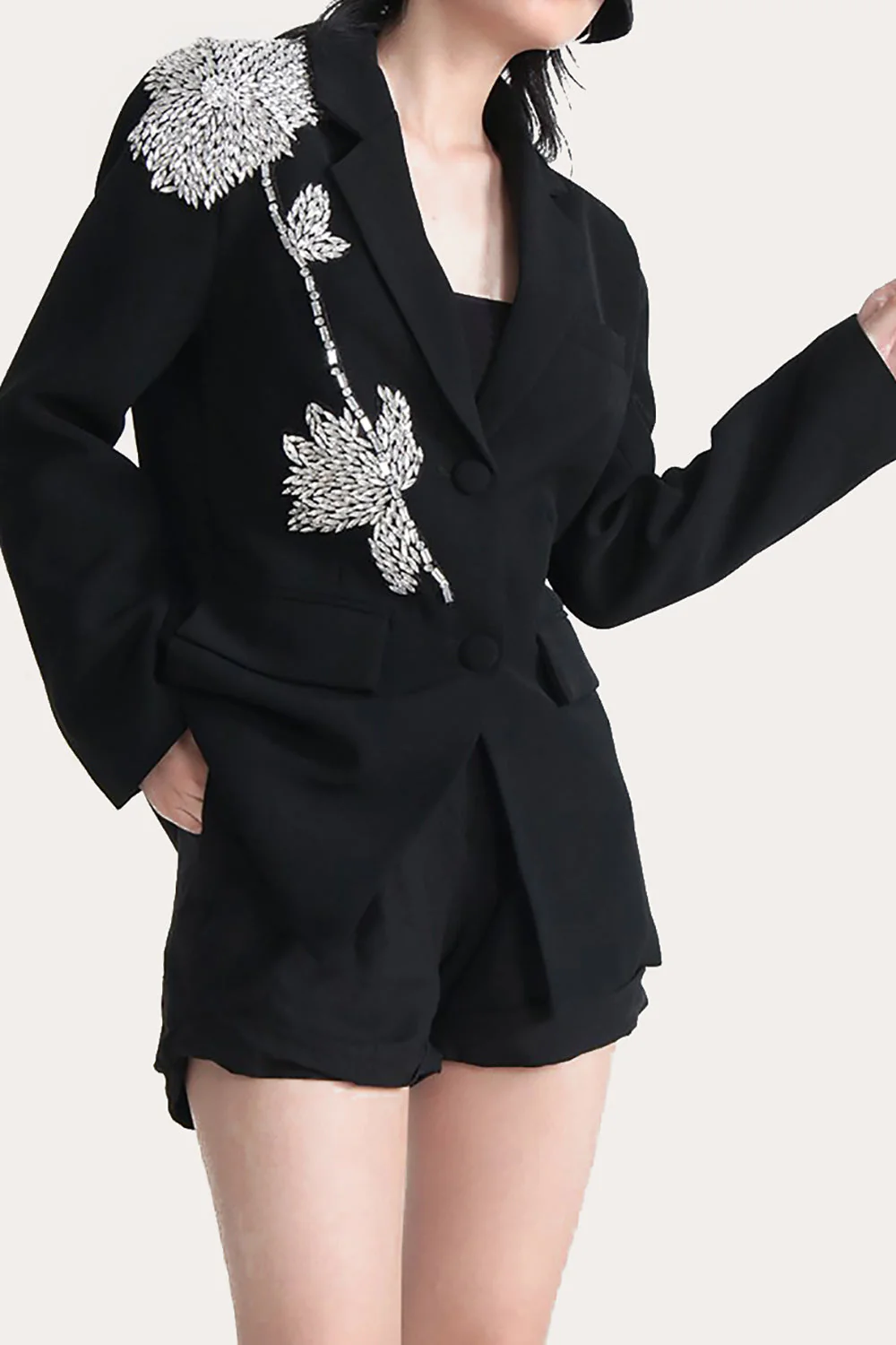 Sparkly Black Beaded Notched Lapel Women Prom Blazer - VNBITS
