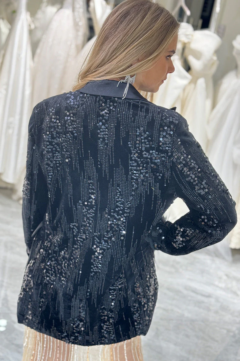 Sparkly Black Peak Lapel Sequins Women Blazer with Feathers - VNBITS
