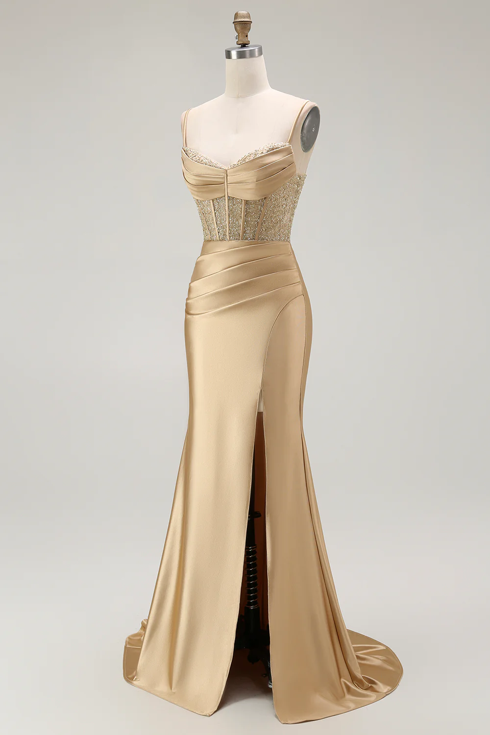 Sparkly Navy Satin Mermaid Long Corset Prom Dress with Beading - VNBITS