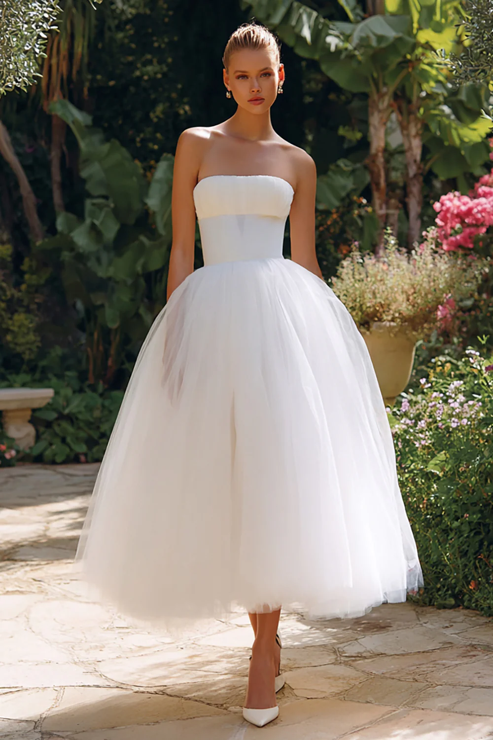 Simple White A Line Tulle Strapless Long Engagement Dress - VNBITS
