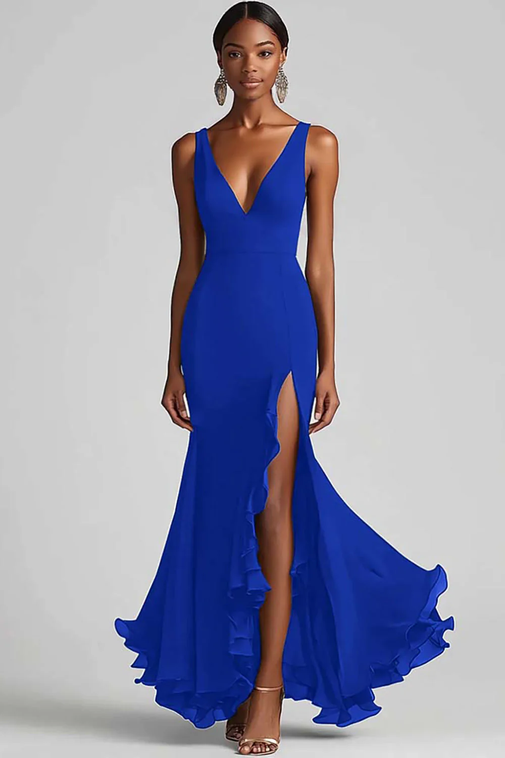 Ink Blue Chiffon V-Neck Ruffled Long Formal Dress with Slit - VNBITS
