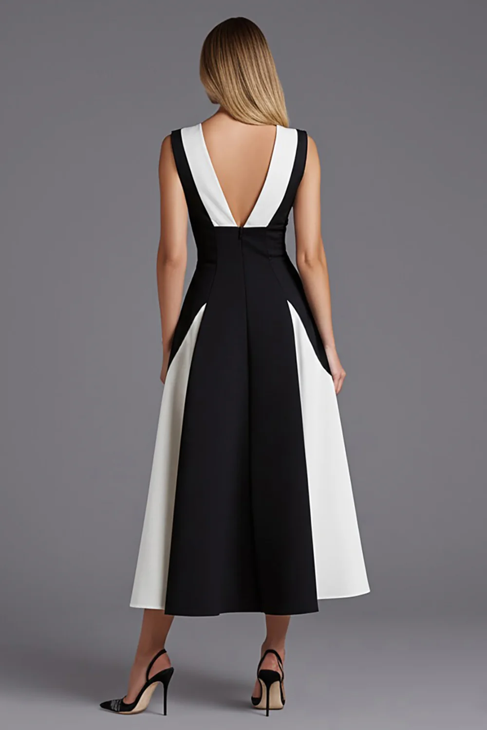 Black and White Patchwork Satin A Line V-Neck Long Formal Dress - VNBITS
