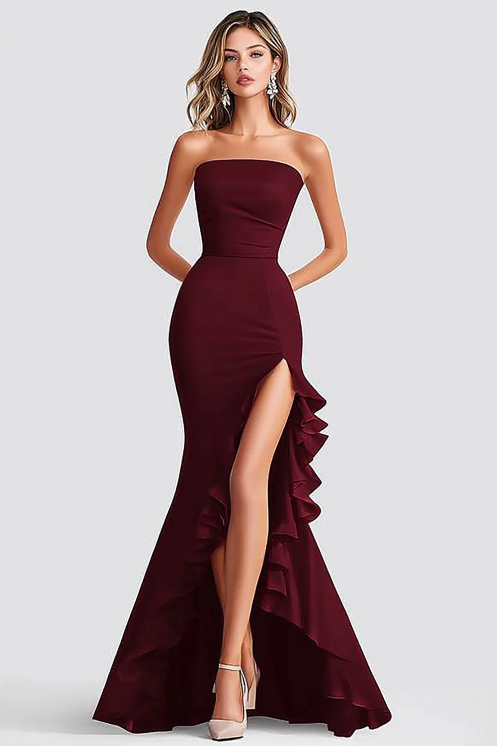 Burgundy Mermaid Square Neck Long Formal Dress with Slit - VNBITS
