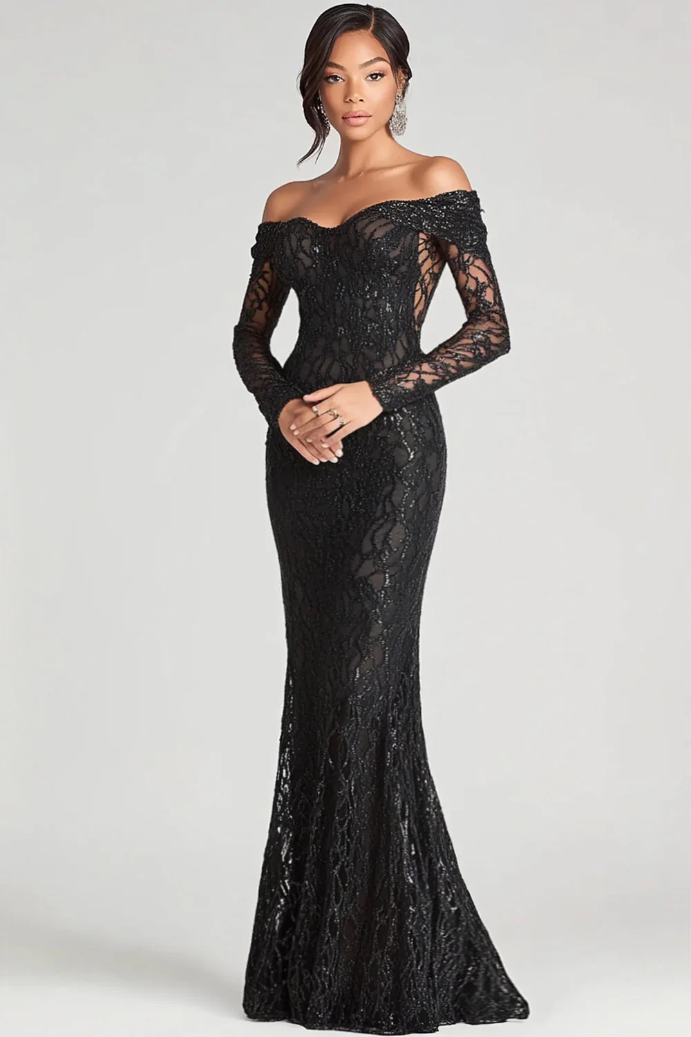 Black Mermaid Off The Shoulder Mesh And Lace Formal Dress - VNBITS