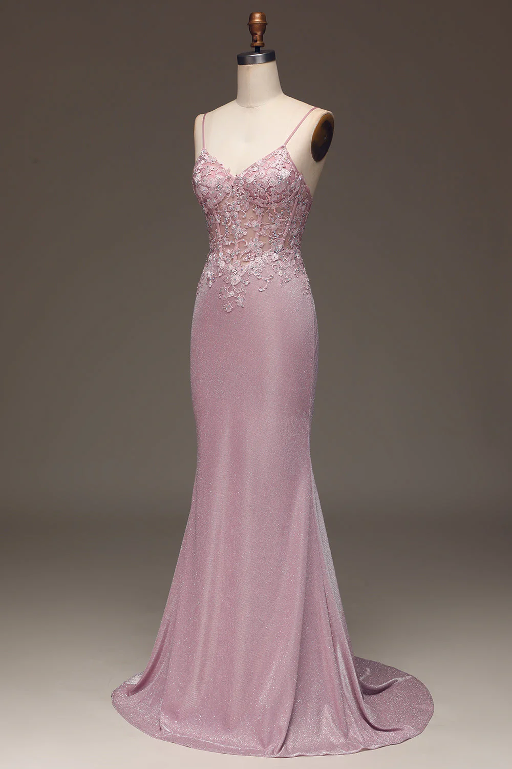 Glitter Blush Mermaid Spaghetti Straps Long Prom Dress with Beading - VNBITS