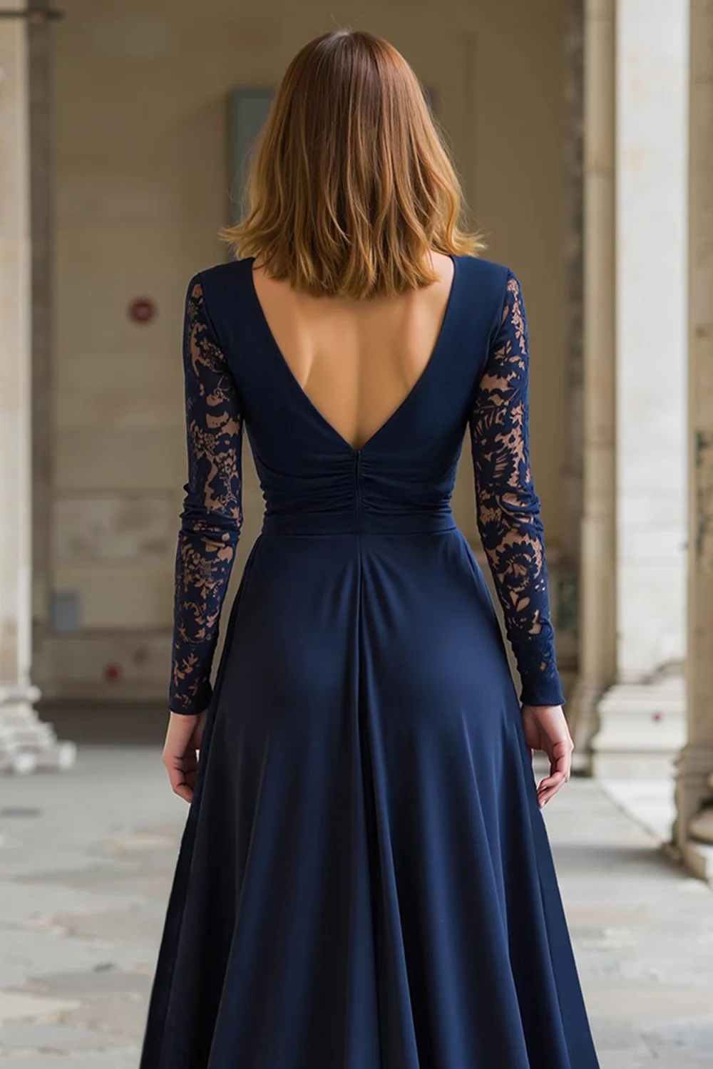 Navy V-Neck Chiffon A-Line Long Mother of the Bride Dress with Lace - VNBITS