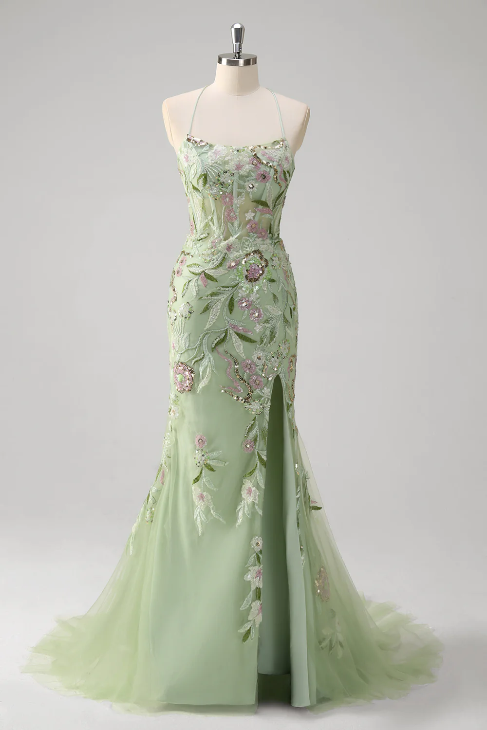Green Floral Mermaid Applique Spaghetti Straps Corset Long Prom Dress with Slit - VNBITS
