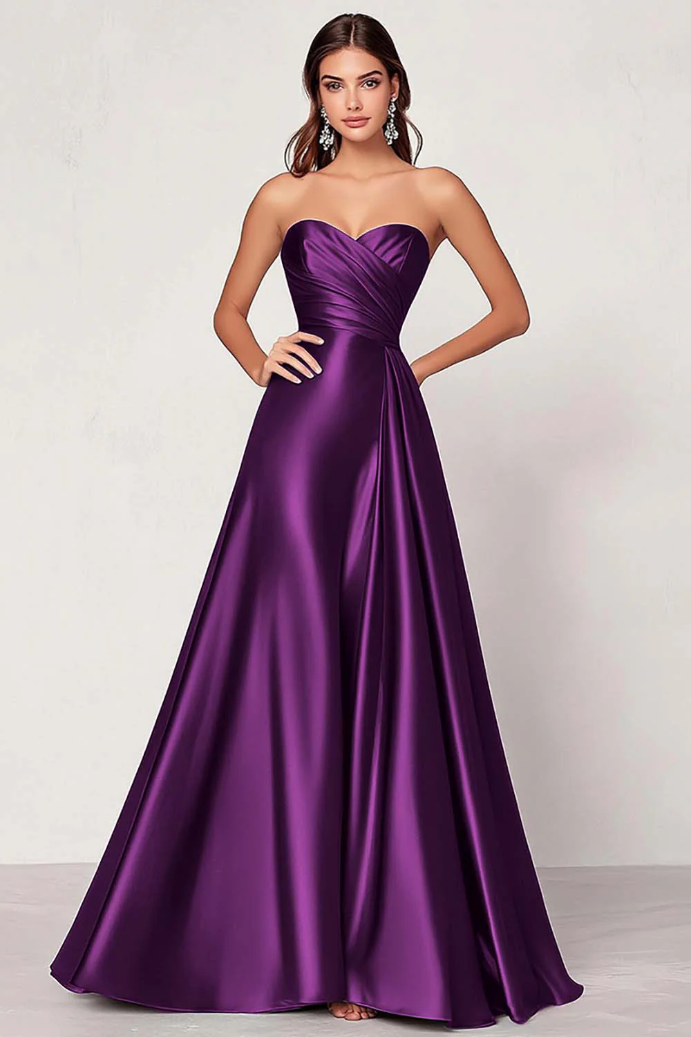 Dusty Blue Satin A Line Sweetheart Long Ruched Prom Dress - VNBITS