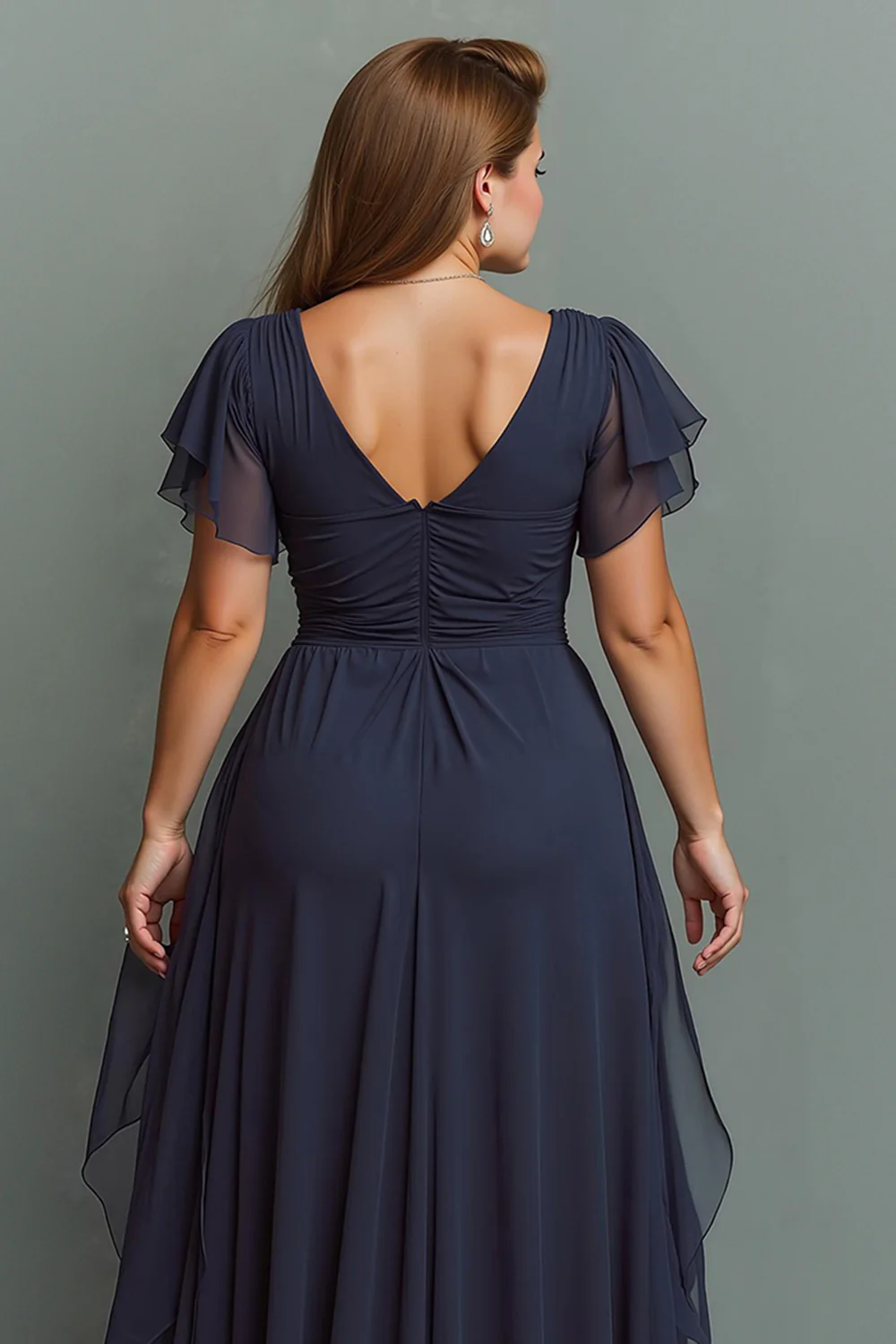 Navy Chiffon V-Neck Ruched Long  with Ruffles - VNBITS