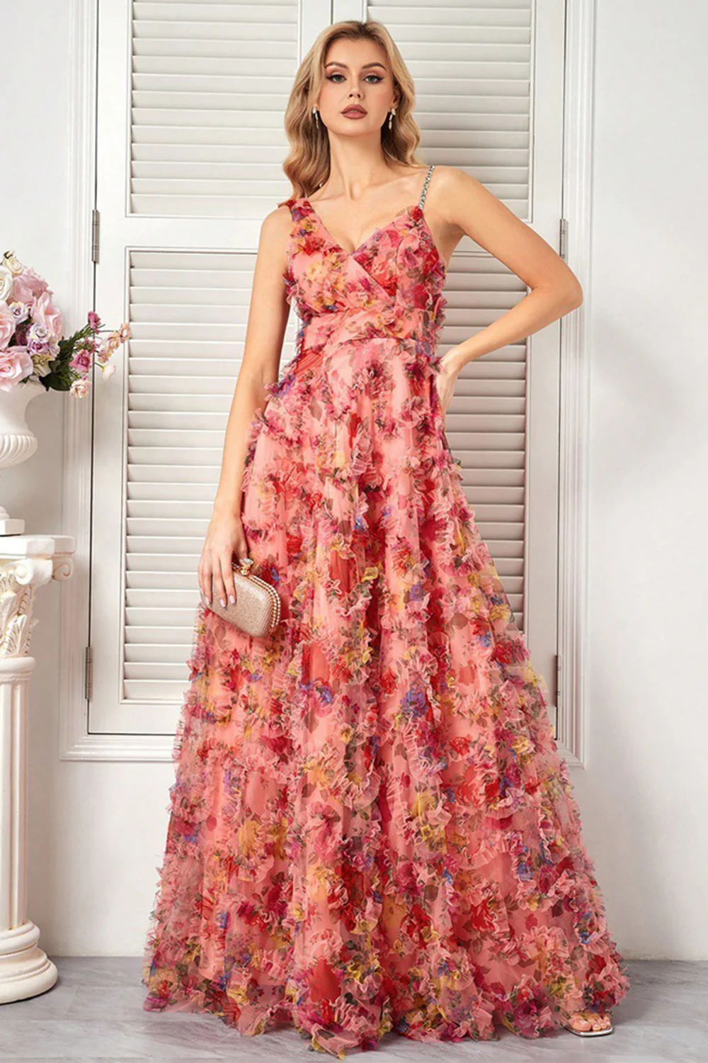 Floral Blush A Line Spaghetti Straps Long Prom Dress with Ruffles - VNBITS