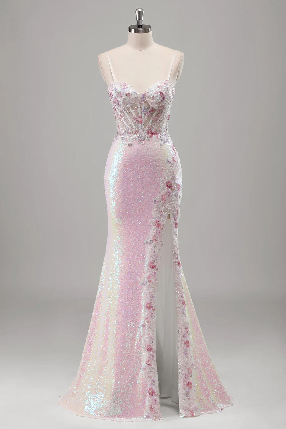 Sparkly Pink Floral Mermaid Sequined Spaghetti Straps Long Prom Dress with Slit - VNBITS