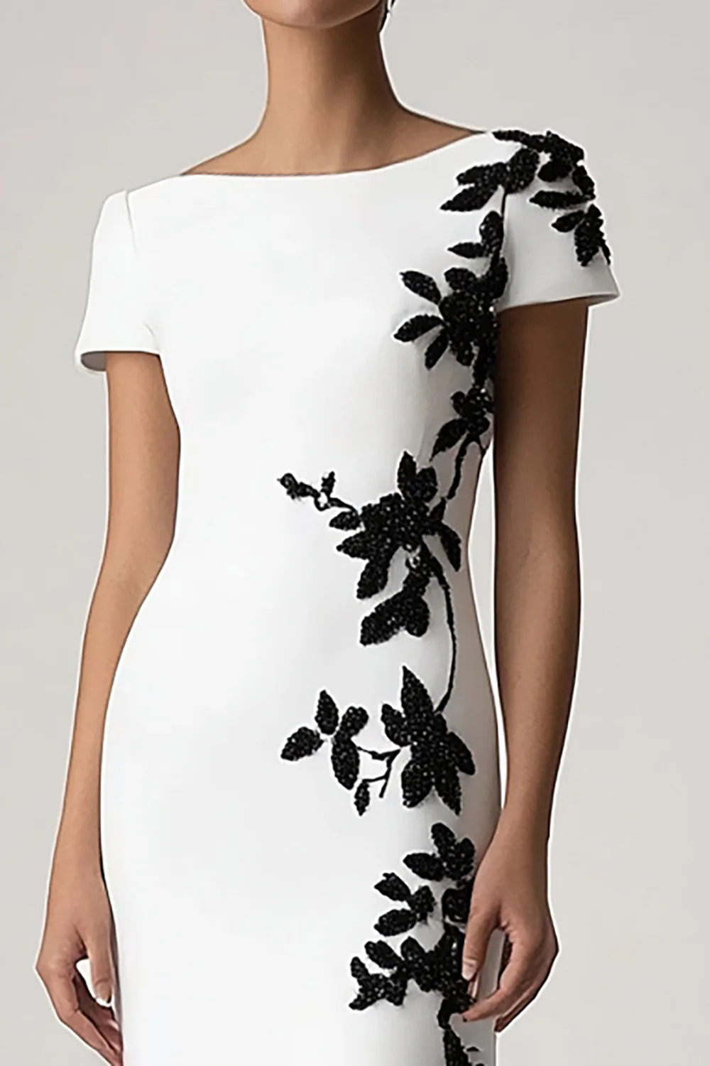 Appliqued White Sheath Long Formal Dress with Short Sleeves - VNBITS