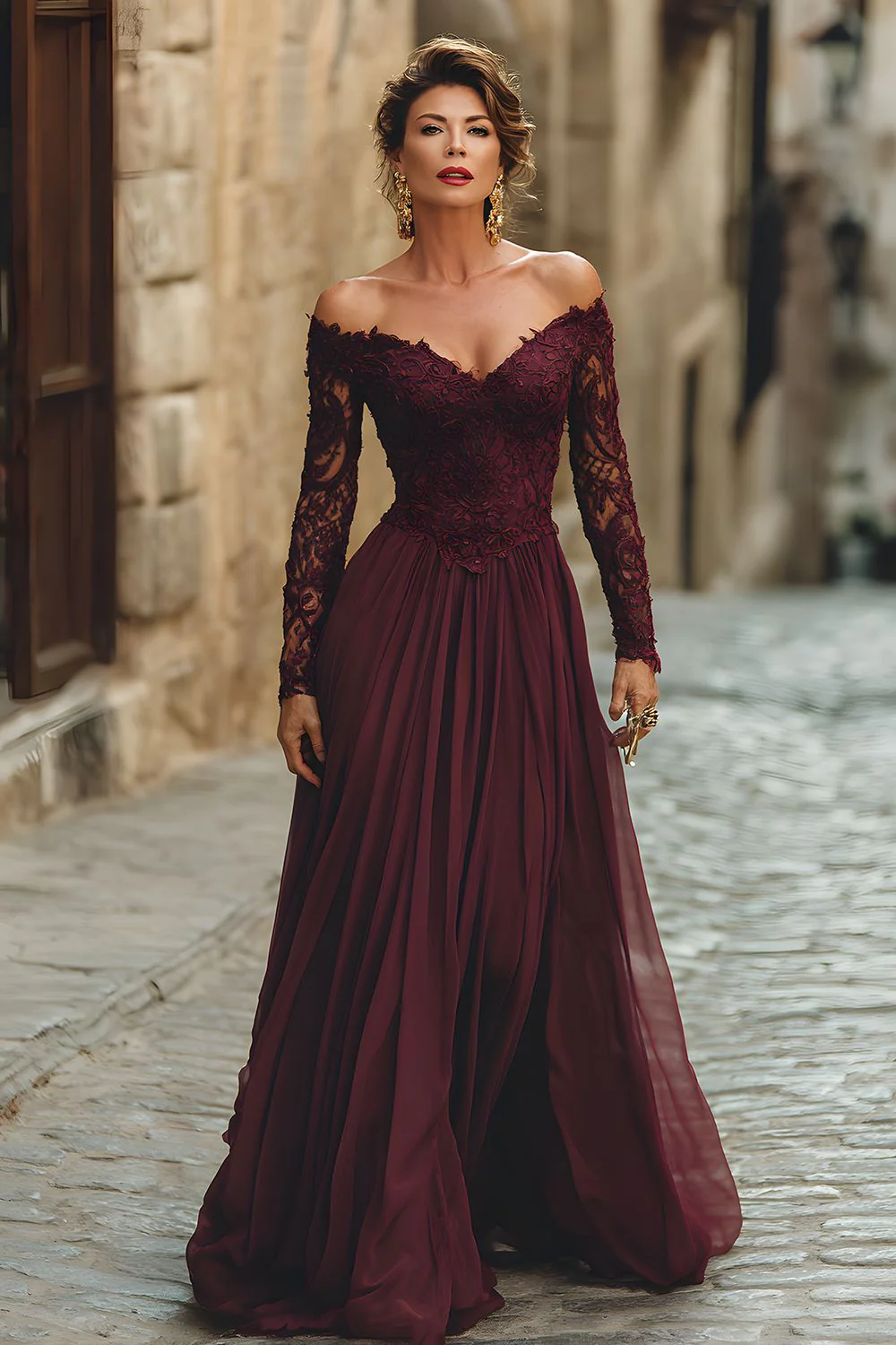 Cabernet Chiffon A Line Long Mother of the Bride Dress with Lace - VNBITS