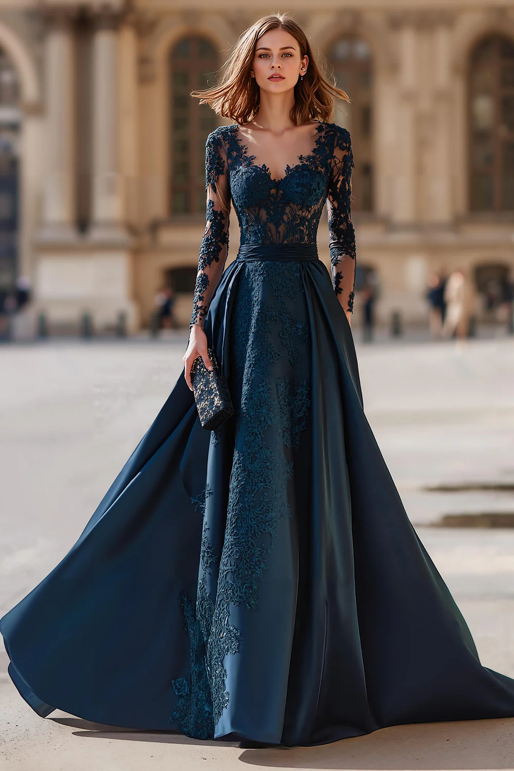 Navy V-Neck Long Sleeves A-Line Long Mother of the Bride Dress with Lace - VNBITS