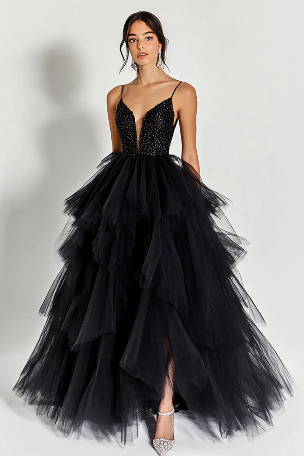 Sparkly Black Tulle Tiered Ball Gown Long Prom Dress with Ruffles - VNBITS