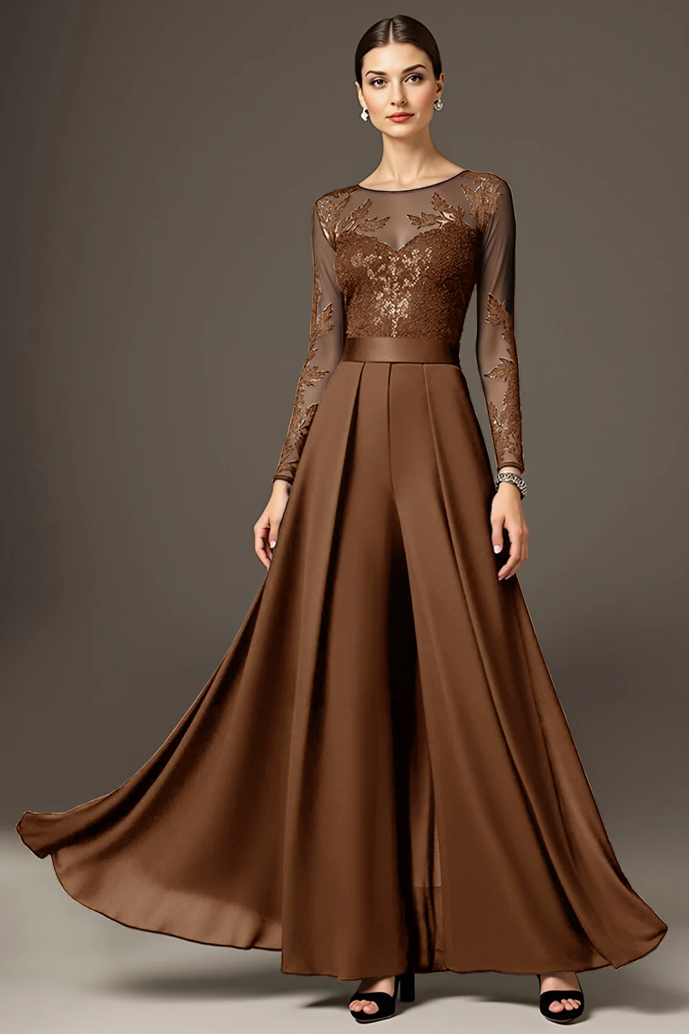 Black A Line Chiffon Long Mother of the Bride Jumpsuits with Lace - VNBITS