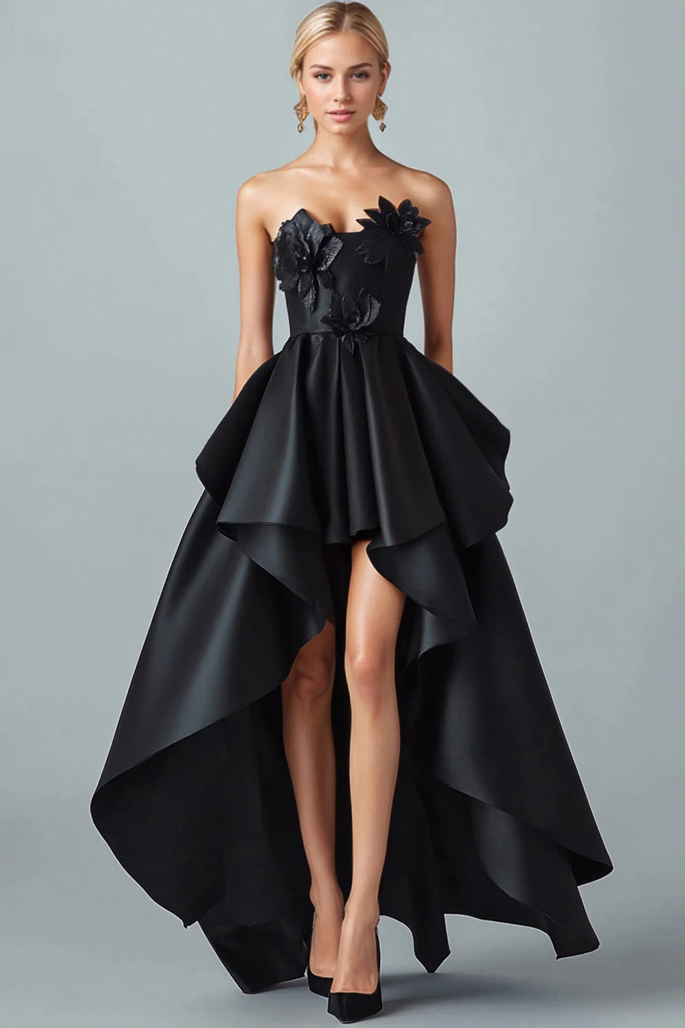 Black A-Line Strapless Ruffled Satin High-Low Formal Dress with 3D Flowers - VNBITS