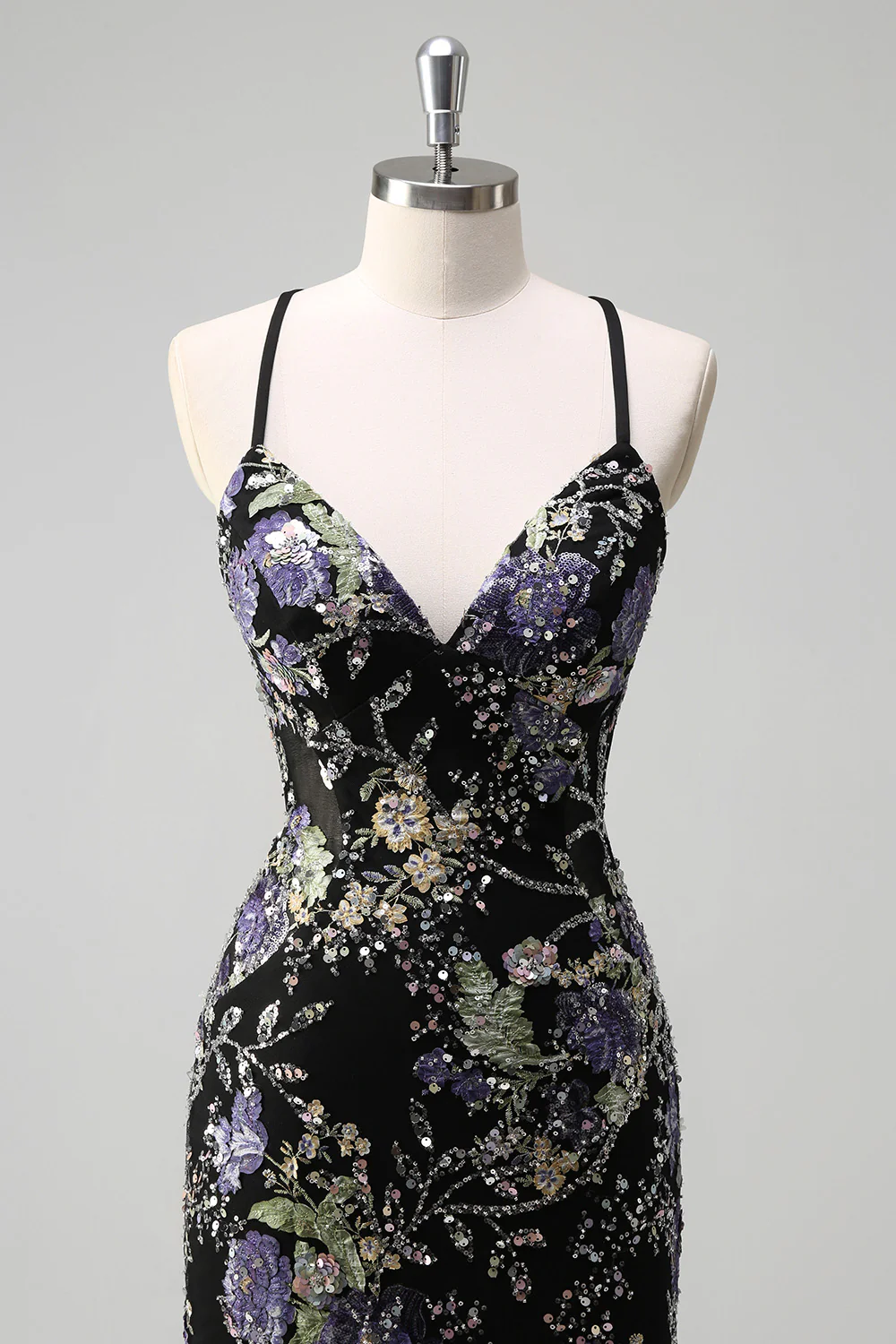Sparkly Black Floral Mermaid Lace-Up Back Long Prom Dress - VNBITS