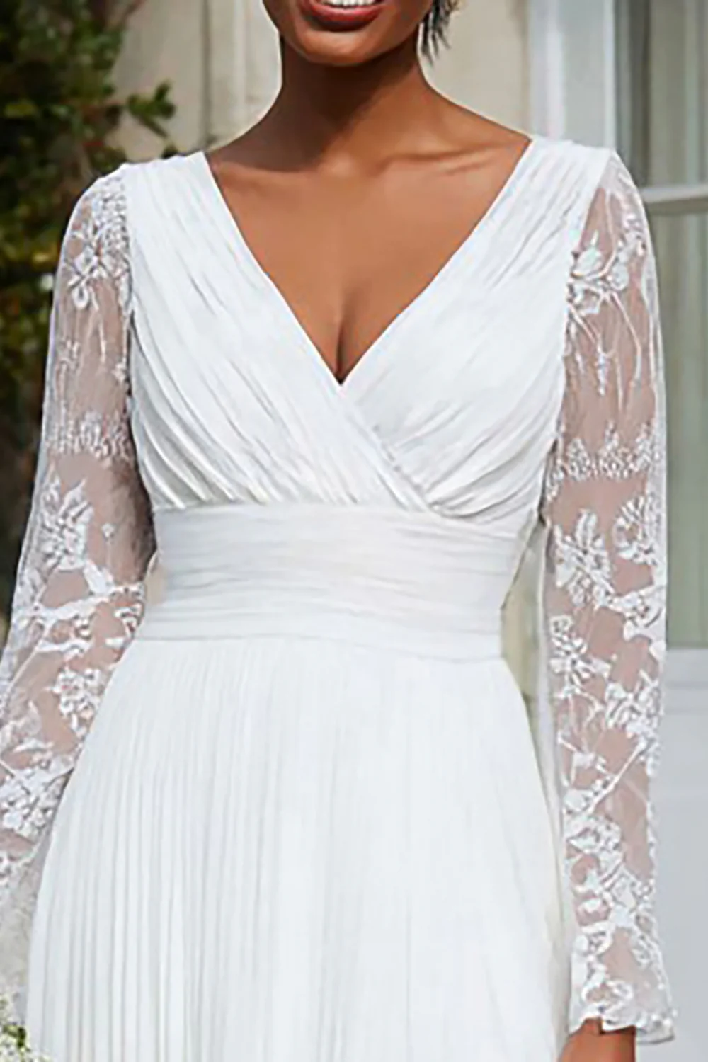 Ivory Pleated V-Neck Midi Engagement Dress with Lace - VNBITS