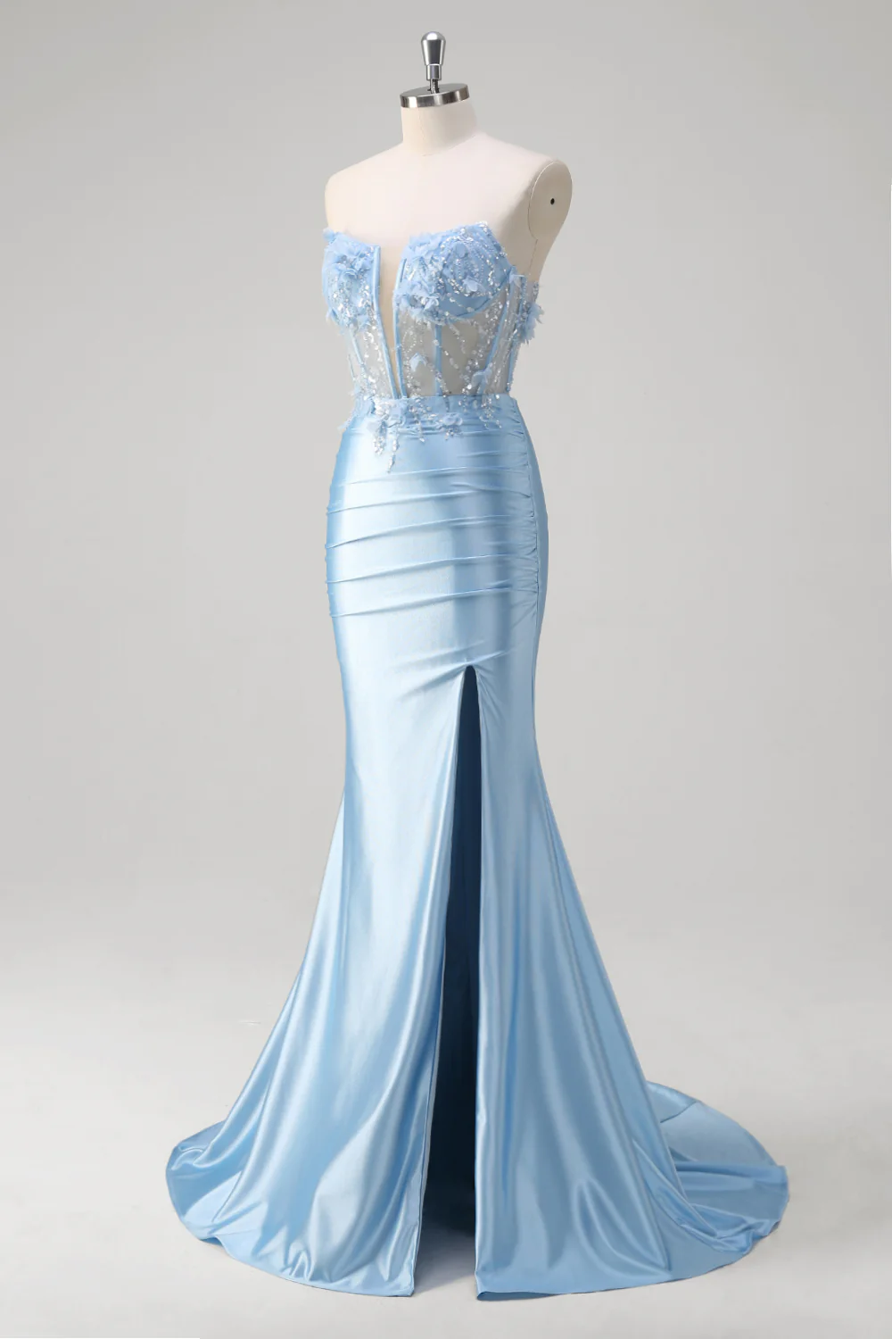 Blue Mermaid Beaded Applique Hollow Out Long Prom Dress with Slit - VNBITS