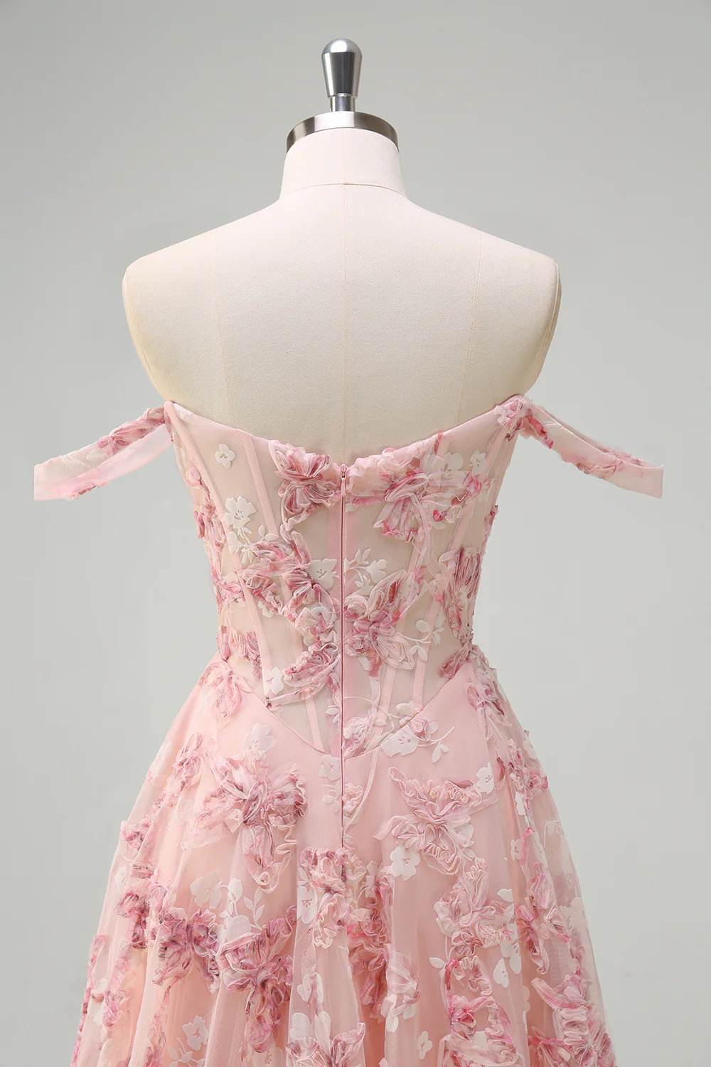 Pink Floral A-Line Off The Shoulder Long Prom Dress with Slit - VNBITS