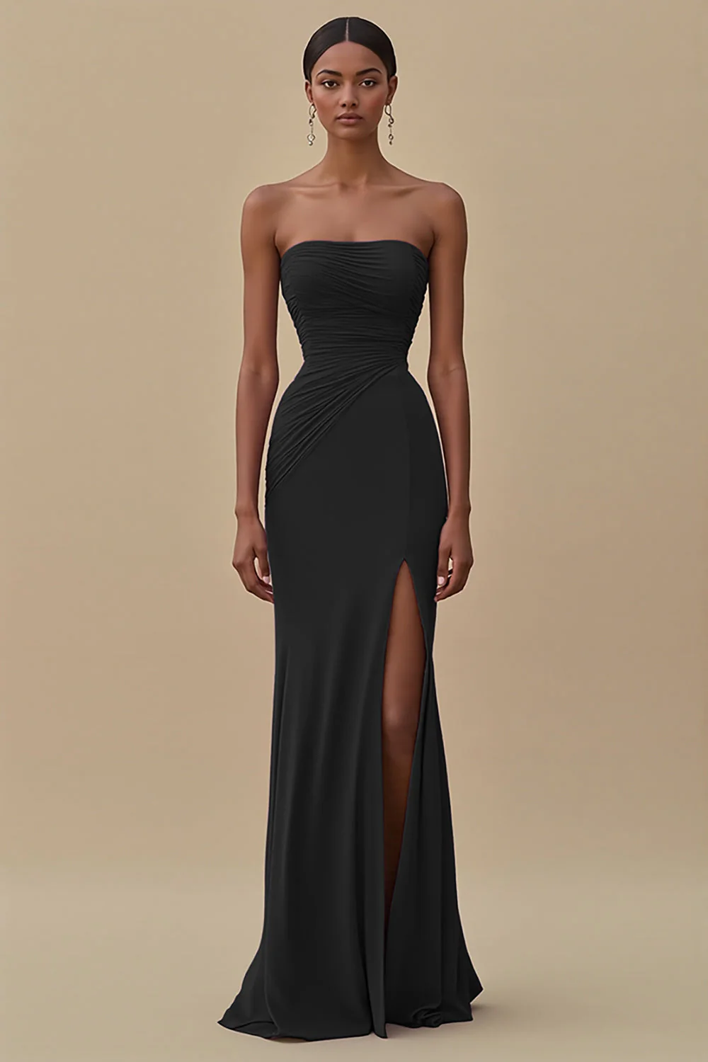 Elegant Black Sheath Chiffon Strapless Long Formal Dress with Slit - VNBITS