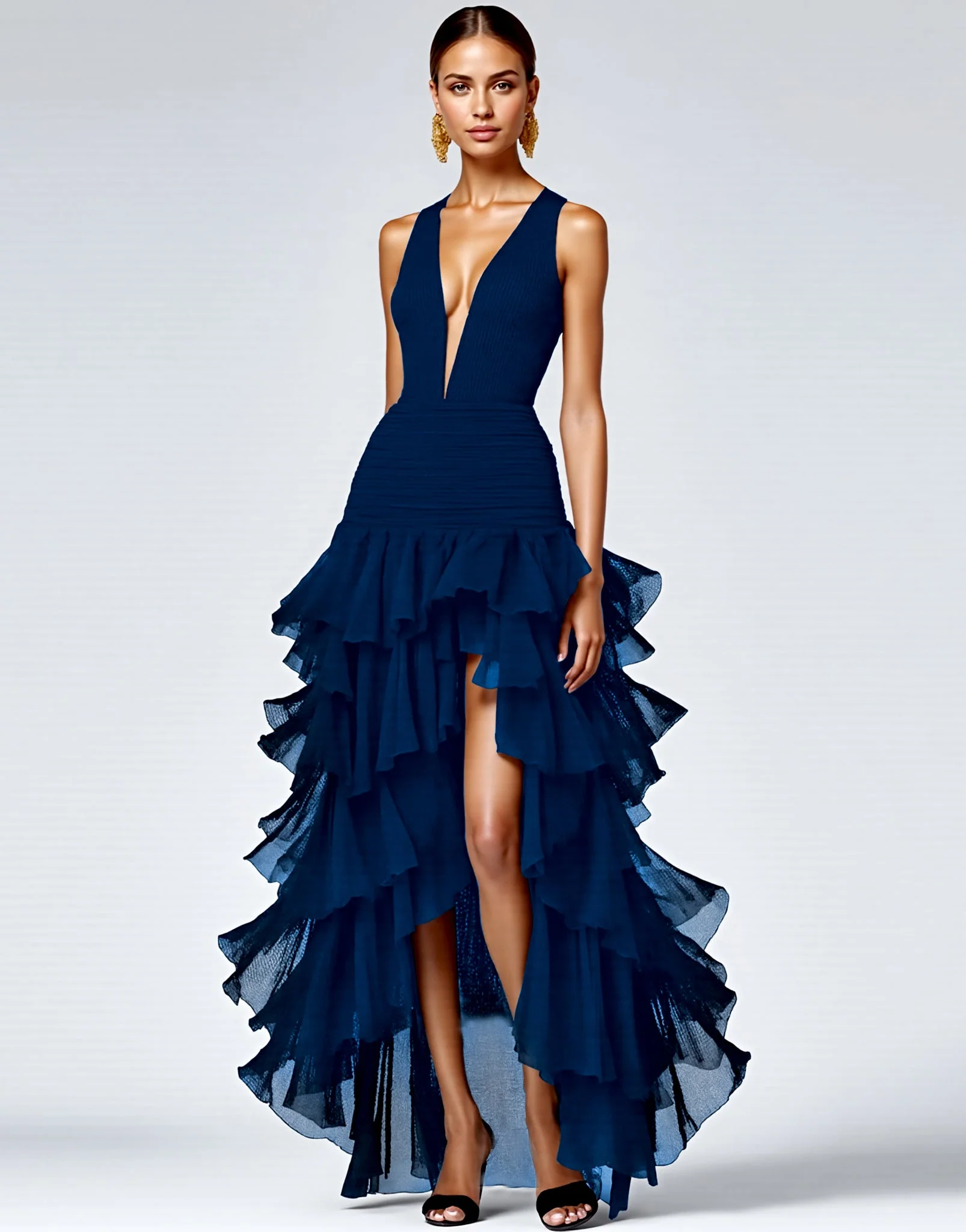 Royal Blue A Line Sleeveless V-Neck Tiered Long Formal Dress with Slit - VNBITS