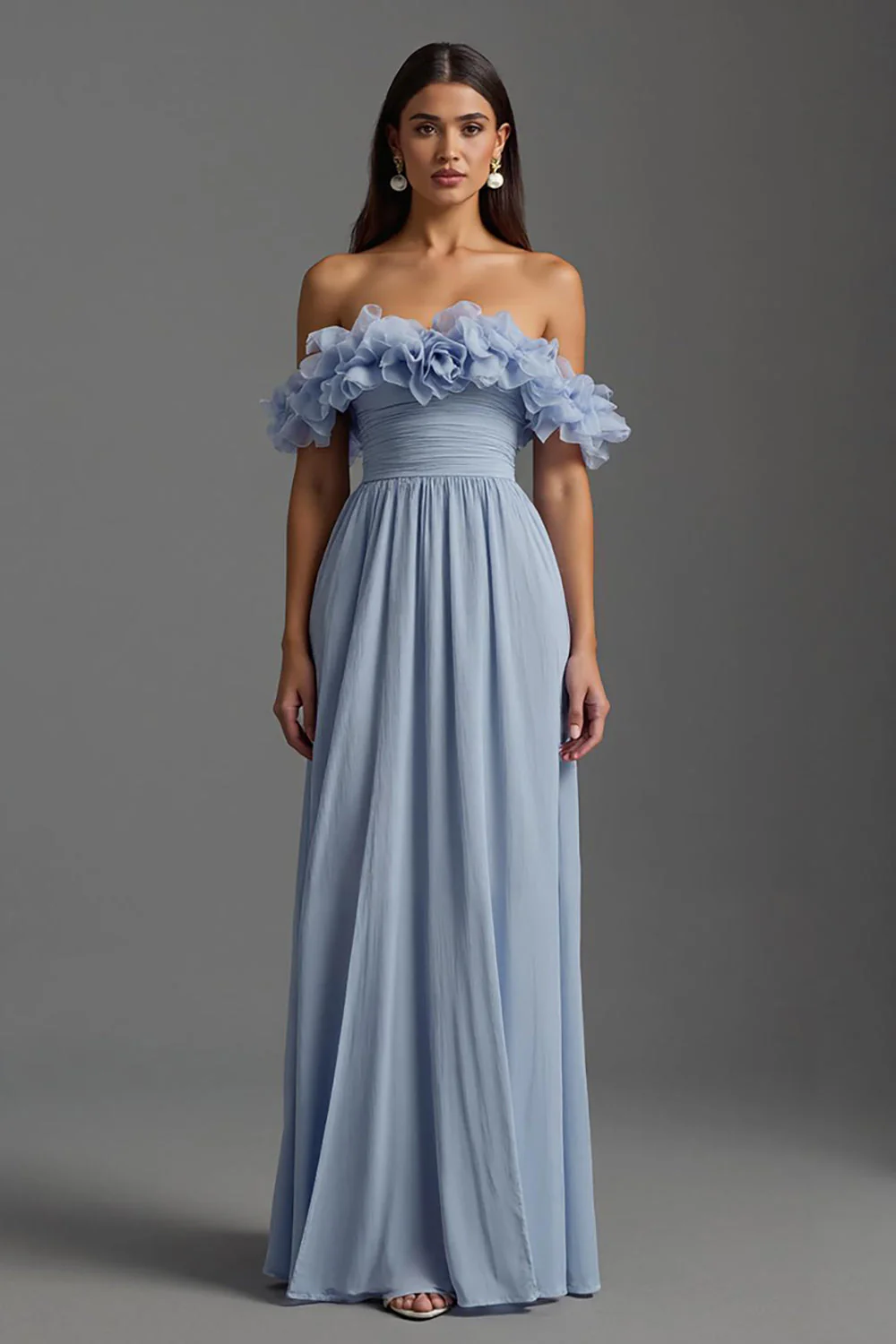 Sky Blue Ruched Off the Shoulder Chiffon Long Formal Dress with Ruffles - VNBITS