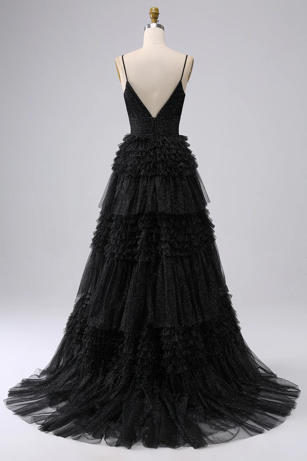 A Line Spaghetti Straps Navy Tiered Prom Dress - VNBITS