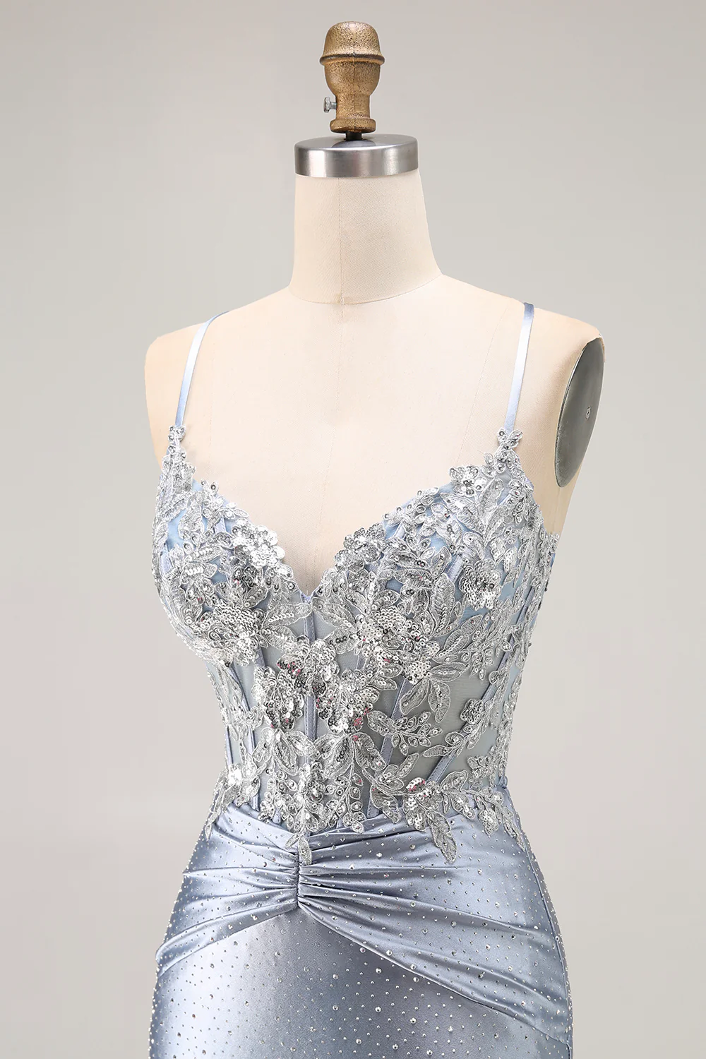 Sparkly Grey Blue Corset Mermaid Beaded Long Prom Dress with Appliques - VNBITS