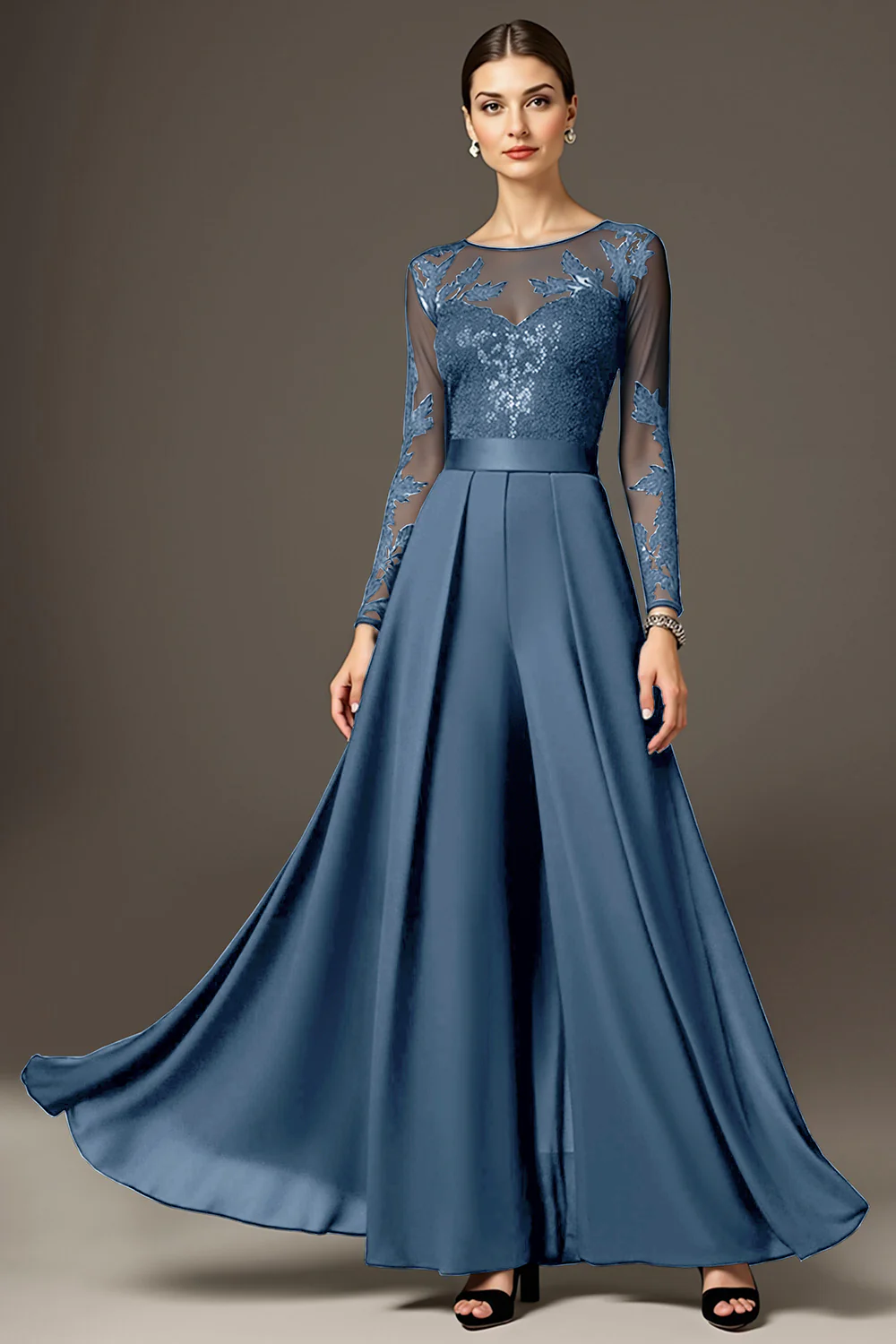 Black A Line Chiffon Long Mother of the Bride Jumpsuits with Lace - VNBITS
