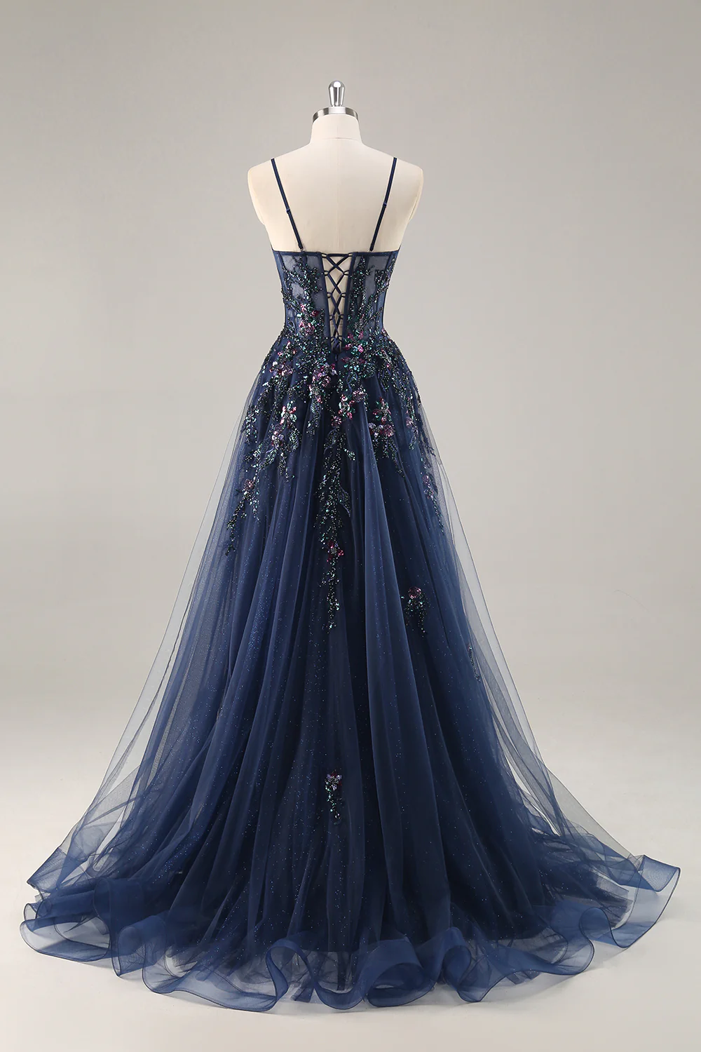 Sparkly Navy Corset Sweetheart Long Prom Dress with Appliques - VNBITS