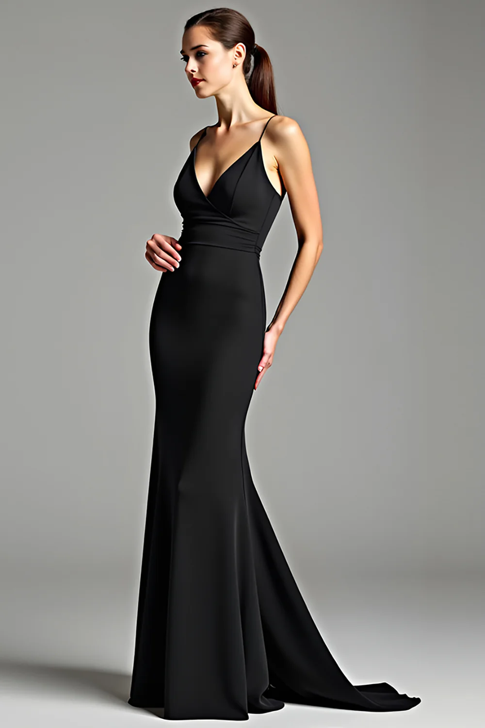 Spaghetti Straps Black Satin Backless Long Black Tie Dress - VNBITS