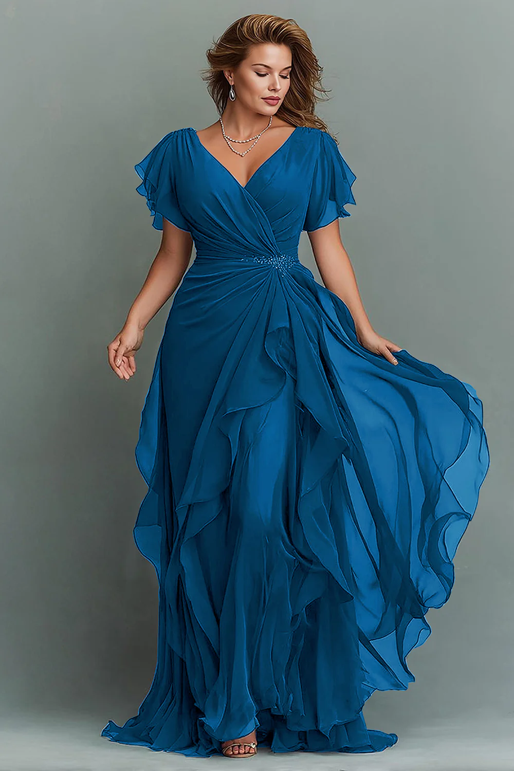 Navy Chiffon V-Neck Ruched Long  with Ruffles - VNBITS