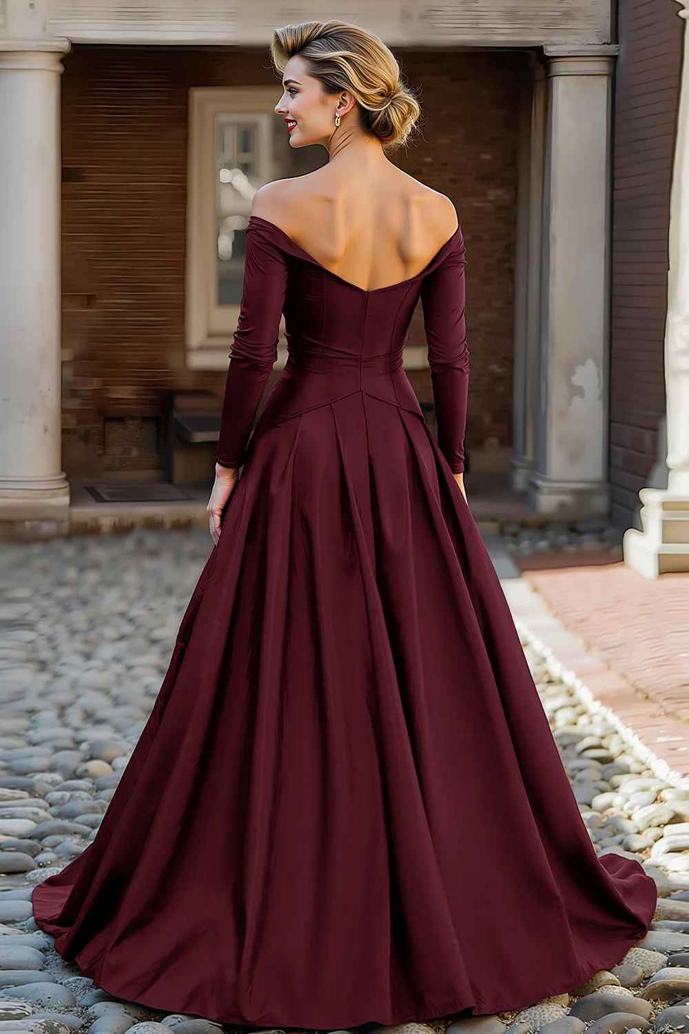 Plum Off the Shoulder A Line Long Mother of the Bride Dress with Sleeves - VNBITS