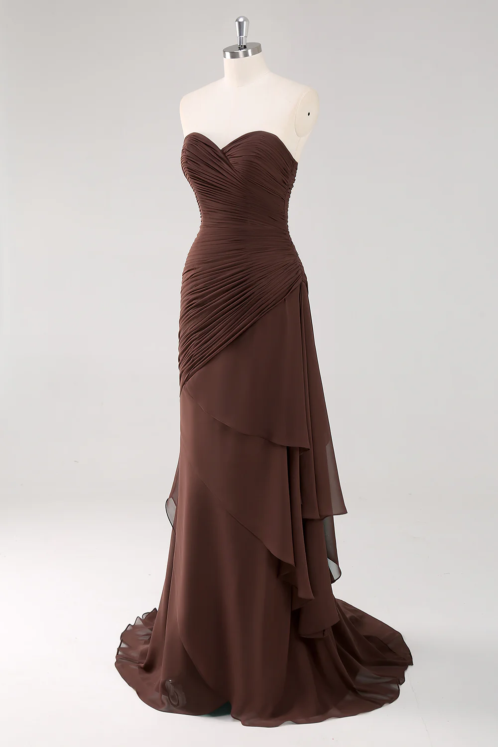 Dark Brown Sweetheart Ruched Long Formal Dress with Ruffles - VNBITS