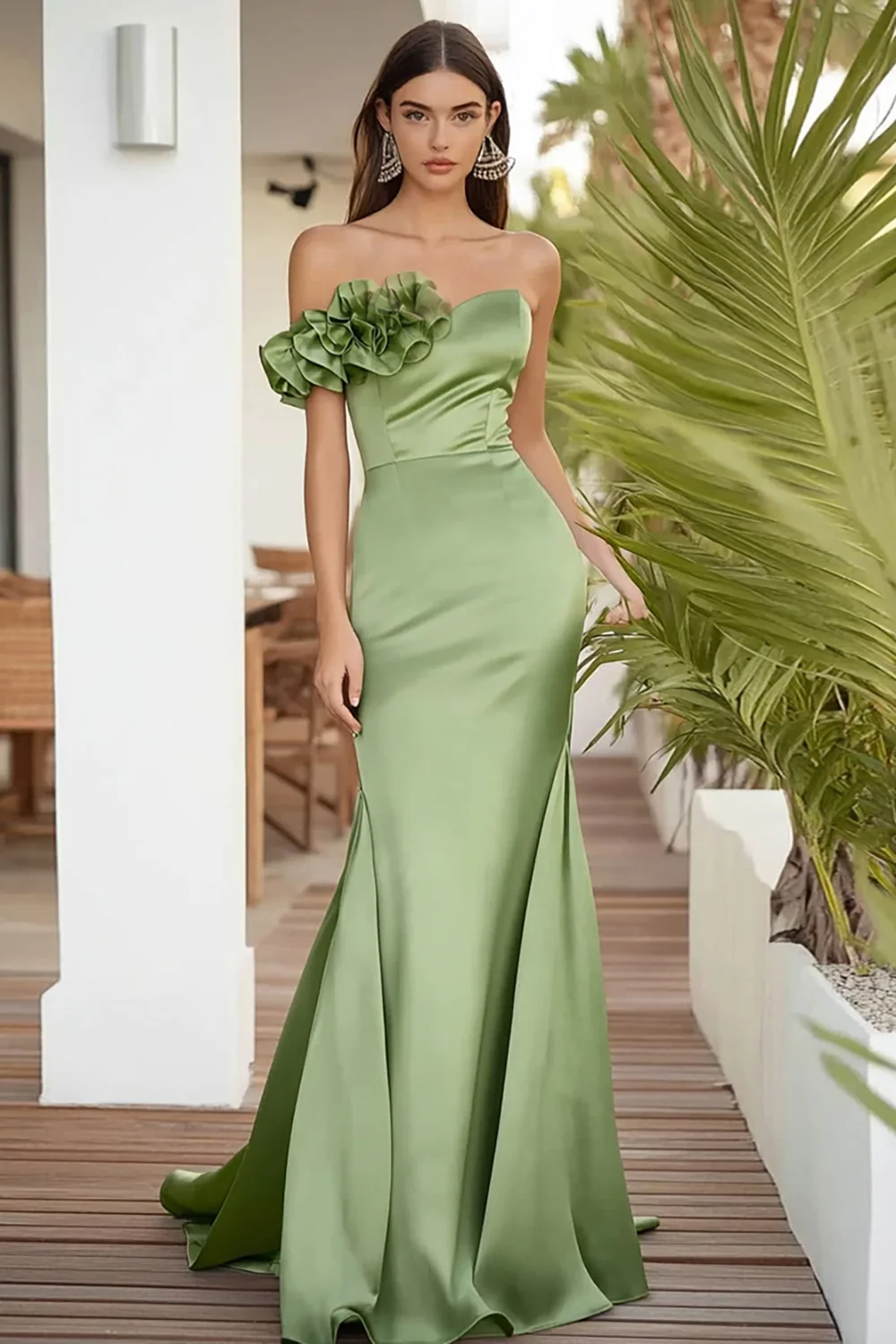 Sage Green One Shoulder Satin Long Mermaid Formal Dress - VNBITS