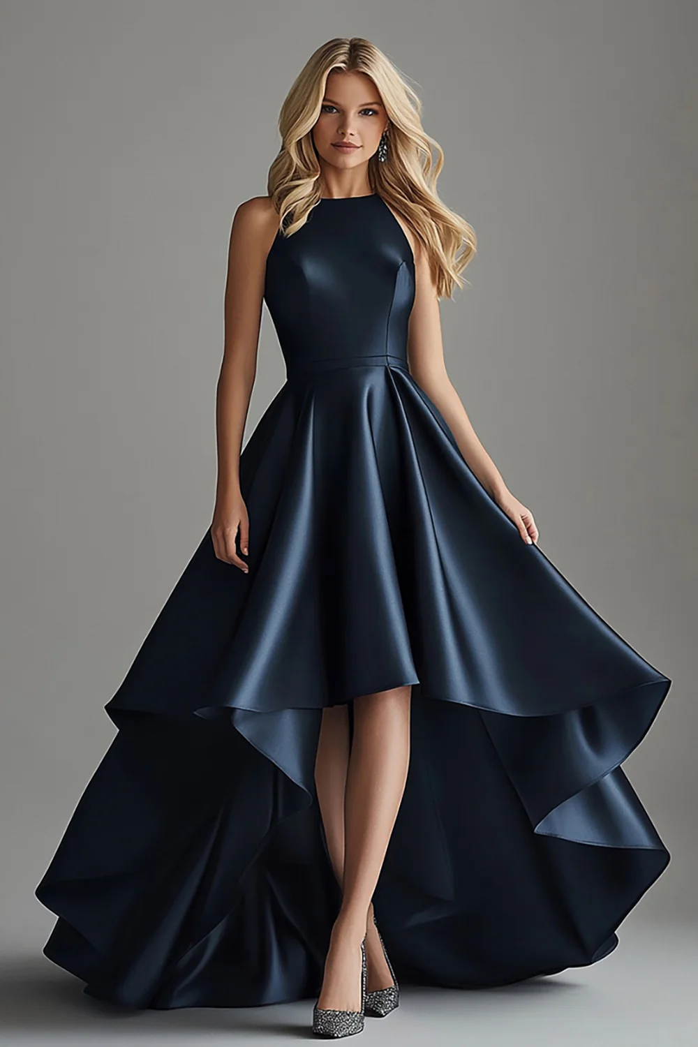 A Line Navy Satin Scoop High-Low Formal Dress - VNBITS