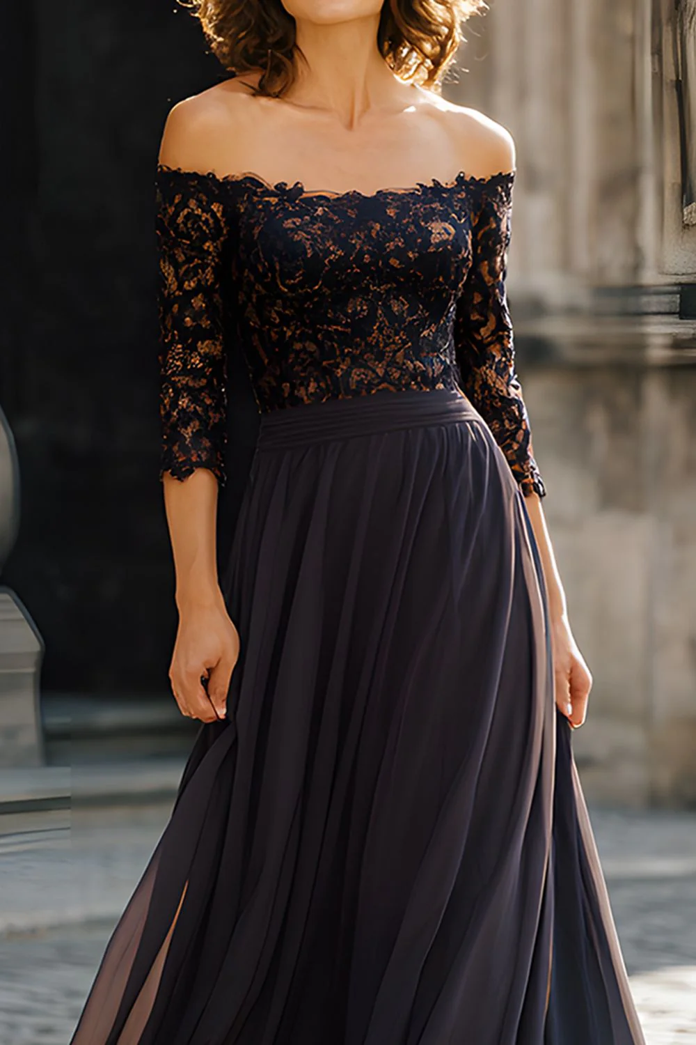 Black Off the Shoulder Chiffon Long Mother of the Bride Dress with Lace - VNBITS