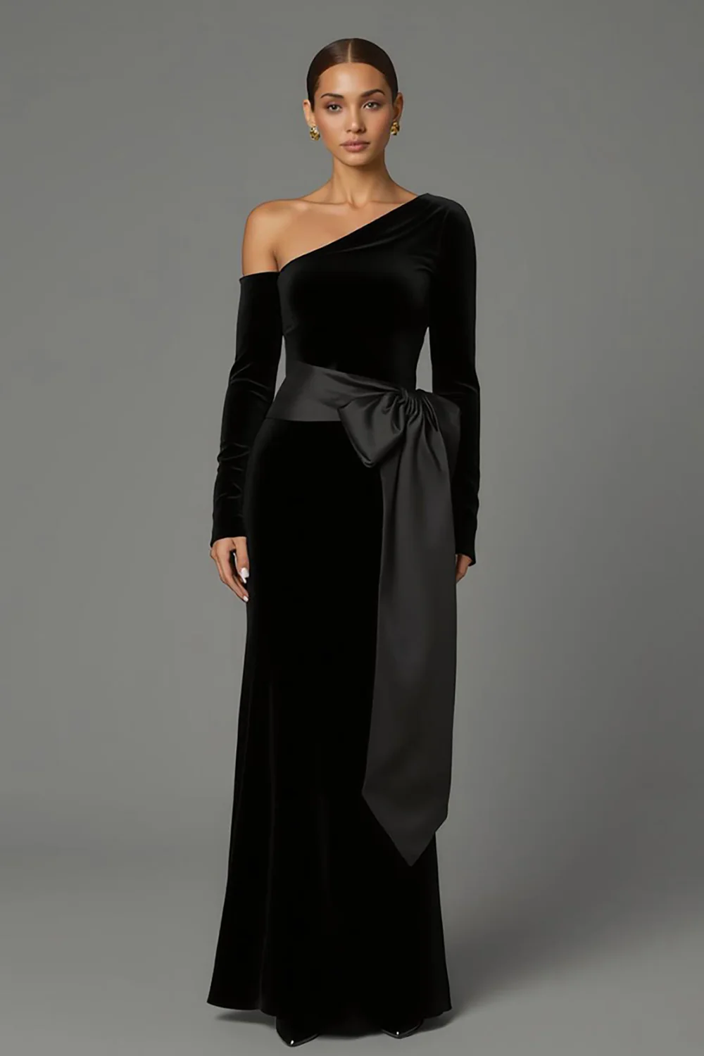 Black One Shoulder Long Sleeves Velvet Holiday Party Dress with Bow - VNBITS