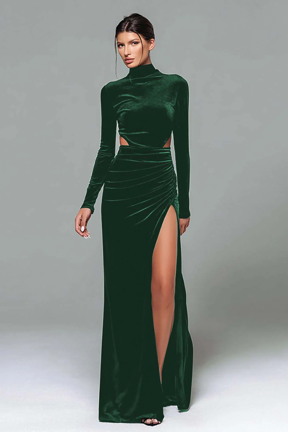 Black Velvet High Neck Sheath Long Sleeves Holiday Party Dress with Slit - VNBITS