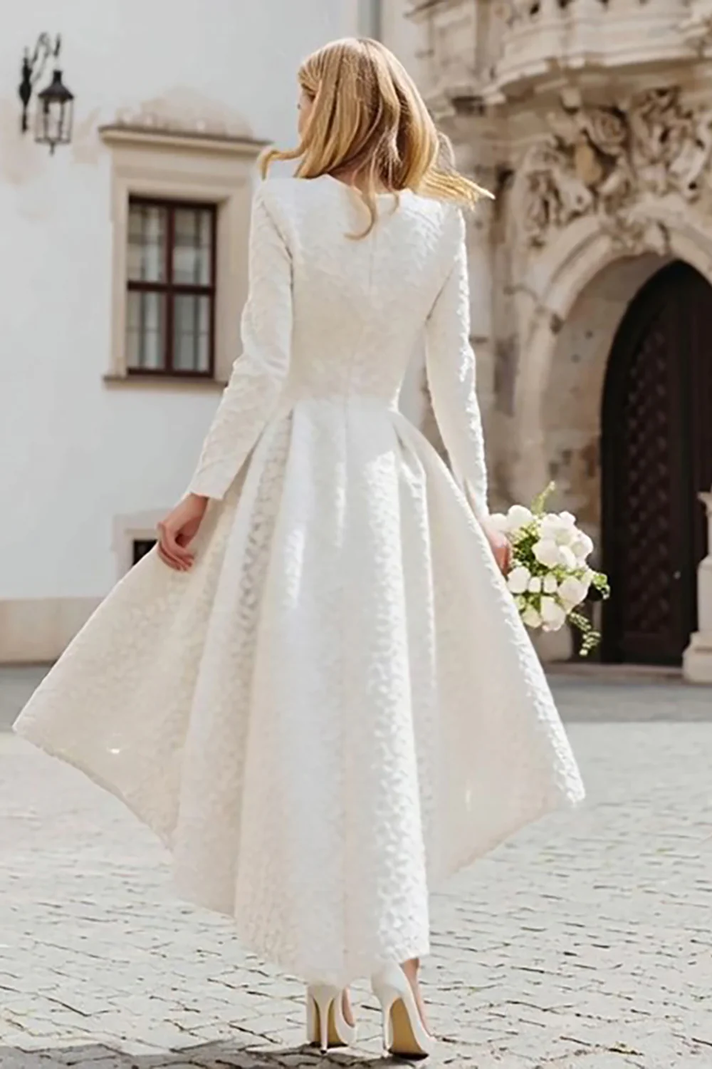 Ivory A Line Round Neck High-Low Engagement Dress with Sleeves - VNBITS